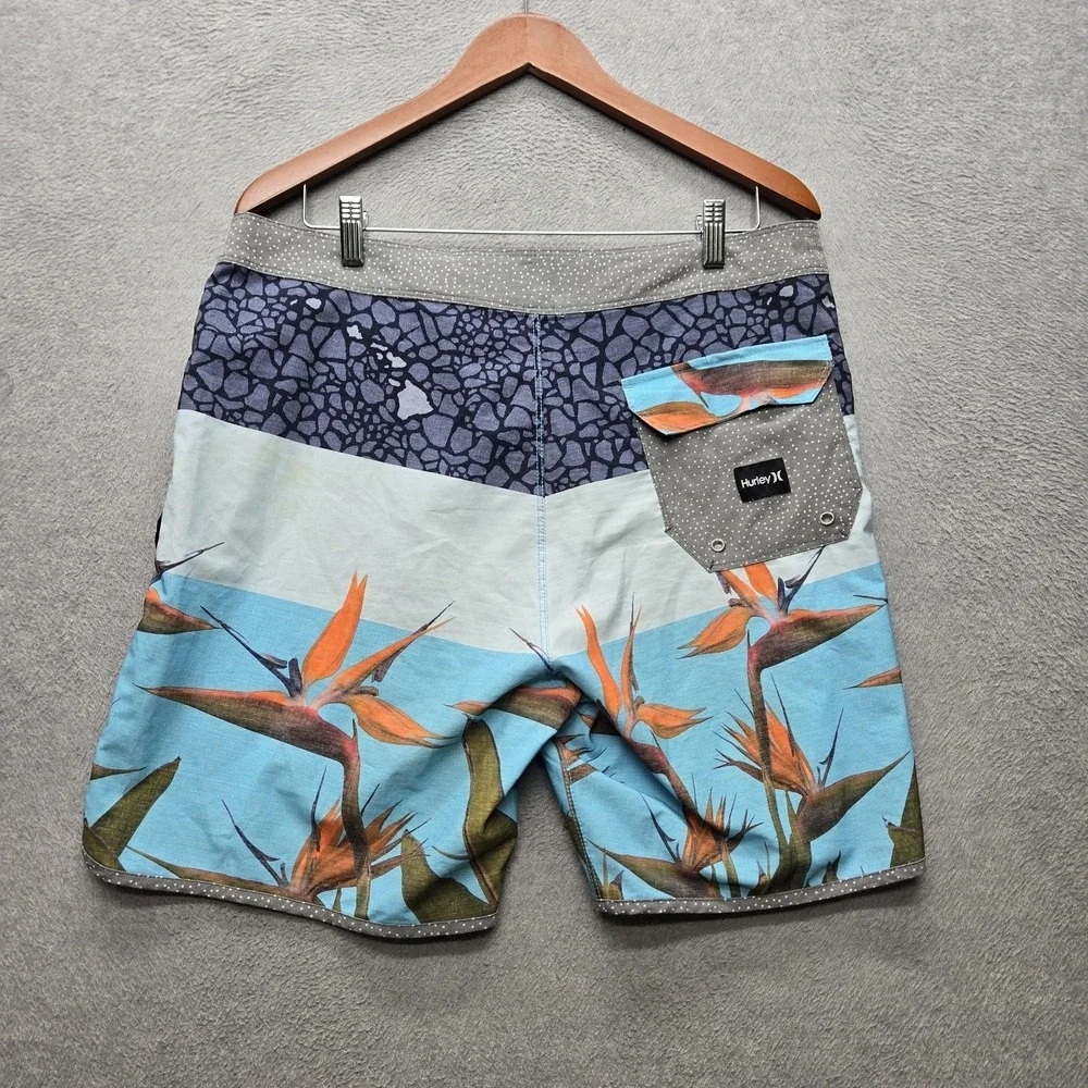 Hurley Men Shorts 34 Blue Swimwear Floral Birds Of Paradise Board
